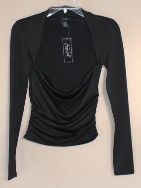 Just Polly Black Ruched Drape Neck Long Sleeve Blouse Top Size Small